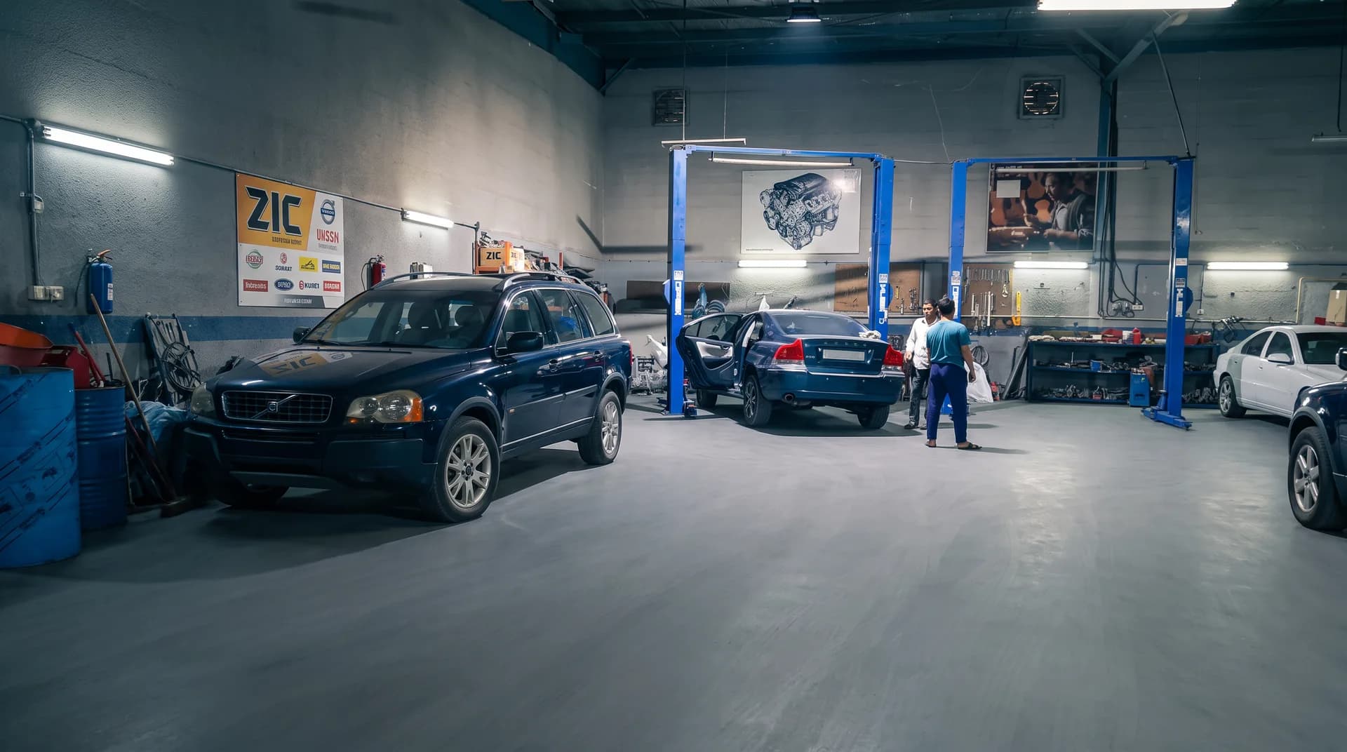 Volvo raised on a lift during suspension work